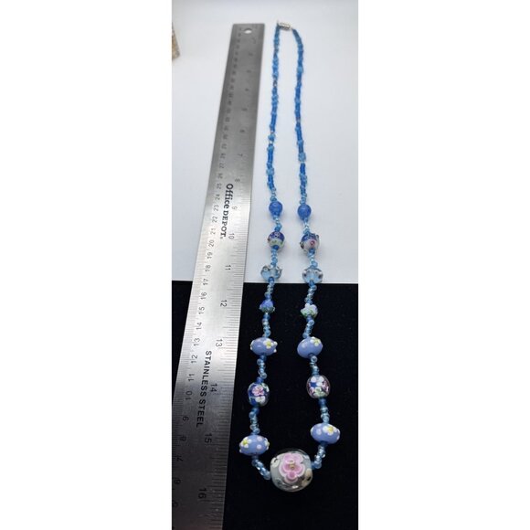 Vintage Italian Venetian Murano Art Glass Wedding Cake Blue Bead Necklace Rare - Picture 4 of 9